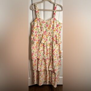 Arula Women’s White With Pink Flowers Floral Tiered Smocked Maxi Dress Size XL